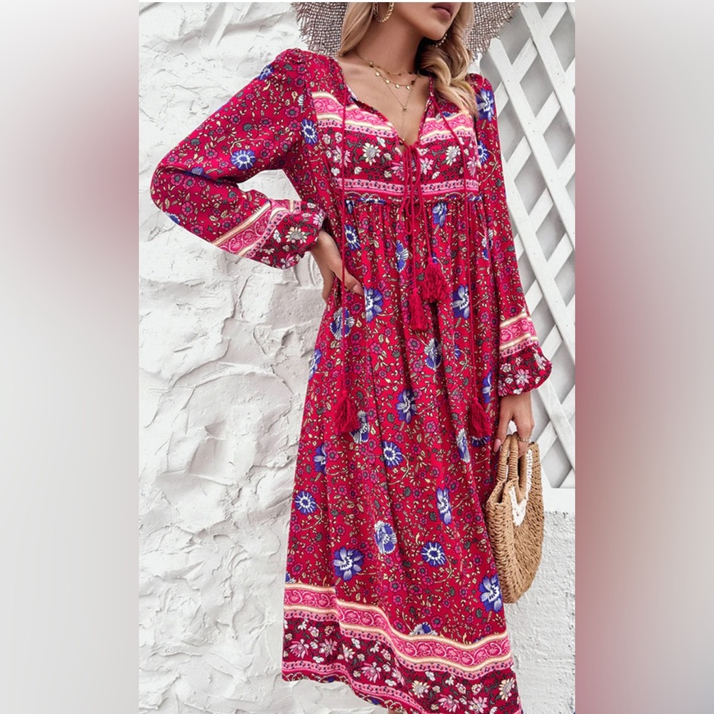 NWT R. Vivimos Red Viscose Boho Print Dress in Size X-Small